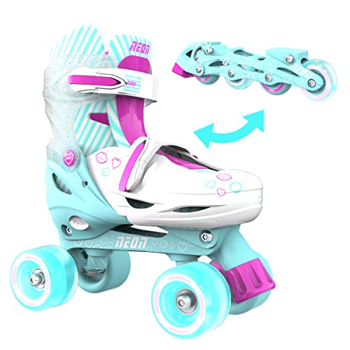 Yvolution Neon Combo Skates | 2-1 Quad und Inline Skates für Kinder mit LED-Leuchträdern, Indoor- und Outdoor-Sportschuhe/verstellbare Größe 3-6, austauschbare Rollklingen für Jungen, Mädchen(Teal) von Yvolution