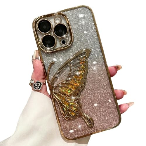 YAAYAGO Für iPhone 15 Hülle Schnellsand Glitter Butterfly Hülle Für iPhone 11 12 13 14 15 Pro Max Shinny Bling Clear Soft Cover-Für iPhone 13-Gold von YAAYAGO