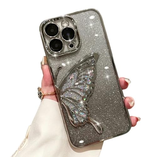 YAAYAGO Für iPhone 15 Hülle Schnellsand Glitter Butterfly Hülle Für iPhone 11 12 13 14 15 Pro Max Shinny Bling Clear Soft Cover-Für iPhone 15plus-Silber von YAAYAGO