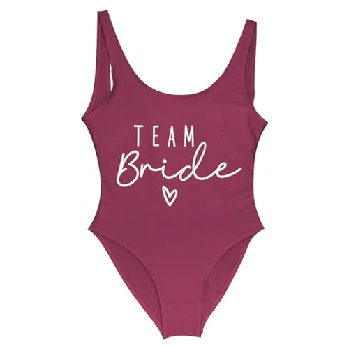 YAAYAGO Team Bride Swimsuit Team Braut Einteilige Badeanzug-Kader Frauen Badelorette Party Badeanzug-Weinrot-XXL von YAAYAGO