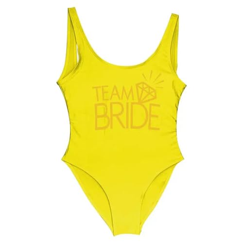 YAAYAGO Team Bride Swimsuit Team Braut Und Braut Goldener Buchstaben Print Diamant One Piece Badeanzug Frauen Badebekleidung Hochzeit-Gelb-M von YAAYAGO