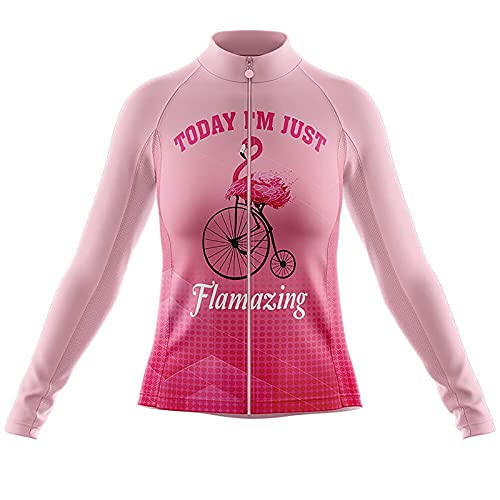 YAMIA1115 Damen Radtrikot Flamingo Ride Print Sportbekleidung MTB Fahrrad Langarm Atmungsaktives Schnelltrocknendes Top,Pink,XL(170cm70kg) von YAMIA1115