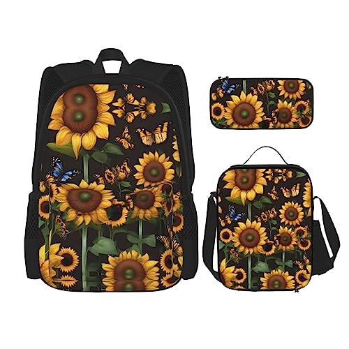 YANDM Rucksack mit Sonnenblumenmuster, 3-teiliges Set, Reisen, Wandern, leicht, Laptop-Federmäppchen, isolierte Lunchtasche für Damen, Sonnenblumen-Blumen- und Schmetterlingskunst, Einheitsgröße von YANDM