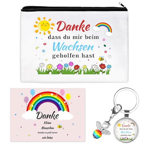 Abschiedsgeschenk für Erzieherin, Weißes Mäppchen Make-up Tasche mit Dankeskarte und Schutzengel Schlüsselanhänger, Dankeschön Geschenk abschiedsgeschenk Erzieherin Lehrerin Kita Kindergarten Lehrer von YANSYUN