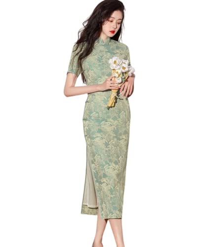 YAROVA Chinesischer Kleid Für Damen - Sommer Lange Cheongsam Kurzarm Verbessertes Temperament Chinesische Kleider Junge Frauen Qipao Traditionelle Kleidung Retro Robe,Grün,XL von YAROVA