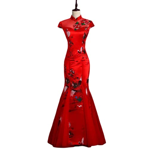 YAROVA Damen Cheongsam Kleid - Sommer-Kurzarm-Reizvolles Dünnes Stickerei-Kleid Im Chinesischen Stil Hochzeit Cheongsam Retro-Party-Bankett Qipao Elegantes Kleid Der Frauen, Rot, XL von YAROVA