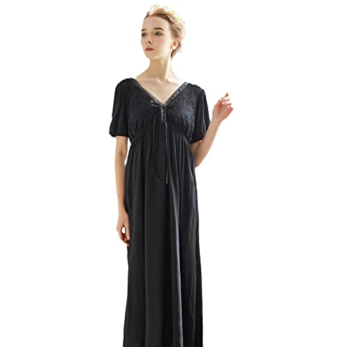 YAROVA Damen Nachthemden - Vintage Spitze Nachthemd Frauen Baumwolle Sexy V-Ausschnitt Langes Nachtkleid Nachtwäsche Lässige Nachtwäsche Sommer Kurzarm Zuhause Kleidung,Schwarz,L von YAROVA