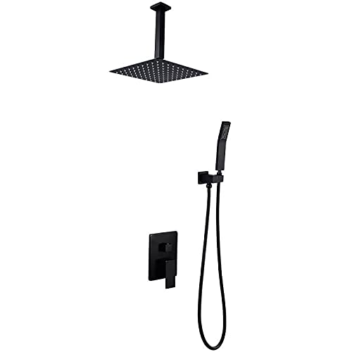 Duschsystem Schwarzer Quadratniederschlag Duschkopfsystem mit Handheld -Combo -Set, Deckeninstallation Duschhahn -Set komplett mit Messingventil und Trimmkit (12 Tum) LWX von YCVAWEOD