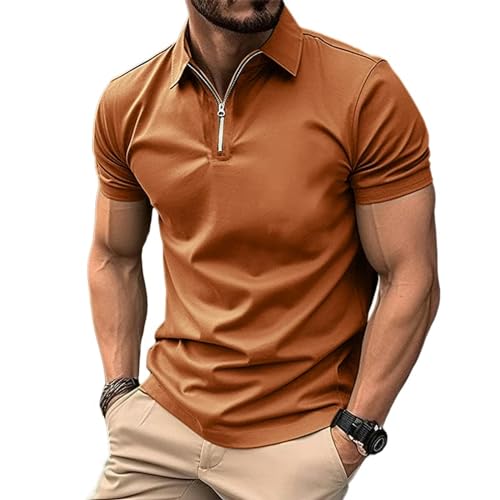 Herren Kurzarm-T-Shirt Für Den Sommer Männer Solid Color Polo Shirt Kurzarm Reißverschluss Kragen Tshirts Für Männer Turn-Down-Braun-XXXL von YDRABFLE