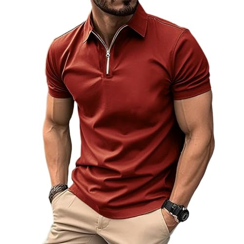 Herren Kurzarm-T-Shirt Für Den Sommer Männer Solid Color Polo Shirt Kurzarm Reißverschluss Kragen Tshirts Für Männer Turn-Down-Rot-XXXL von YDRABFLE