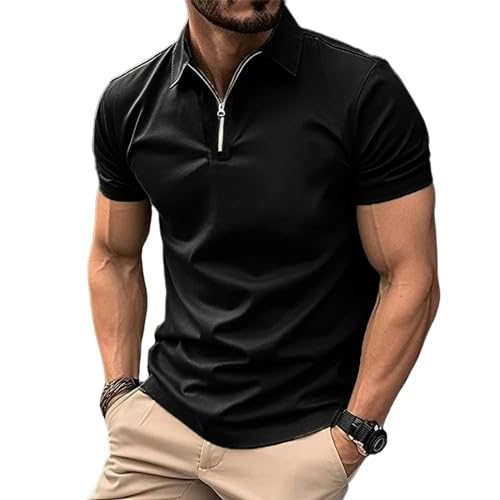 Herren Kurzarm-T-Shirt Für Den Sommer Männer Solid Color Polo Shirt Kurzarm Reißverschluss Kragen Tshirts Für Männer Turn-Down-Schwarz-XXXL von YDRABFLE