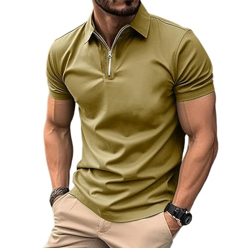YDRABFLE Herren Kurzarm-T-Shirt Für Den Sommer Männer Solid Color Polo Shirt Kurzarm Reißverschluss Kragen Tshirts Für Männer Turn-Down-Khaki-XXL von YDRABFLE