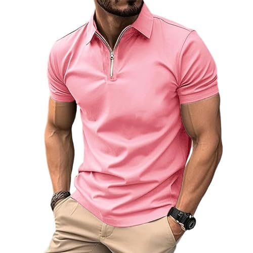 YDRABFLE Herren Kurzarm-T-Shirt Für Den Sommer Männer Solid Color Polo Shirt Kurzarm Reißverschluss Kragen Tshirts Für Männer Turn-Down-Rosa-L von YDRABFLE