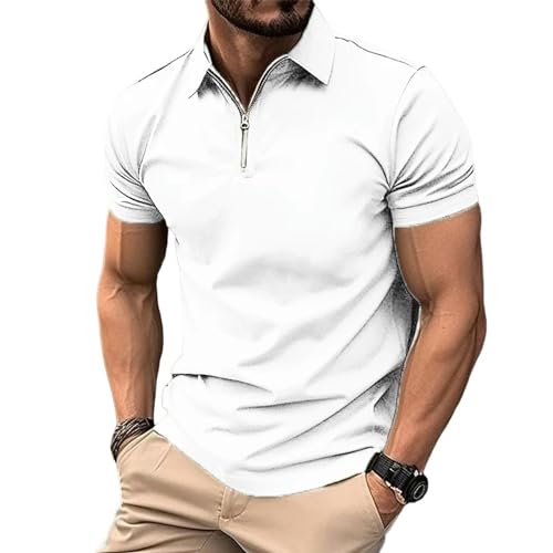 YDRABFLE Herren Kurzarm-T-Shirt Für Den Sommer Männer Solid Color Polo Shirt Kurzarm Reißverschluss Kragen Tshirts Für Männer Turn-Down-Weiß-XL von YDRABFLE