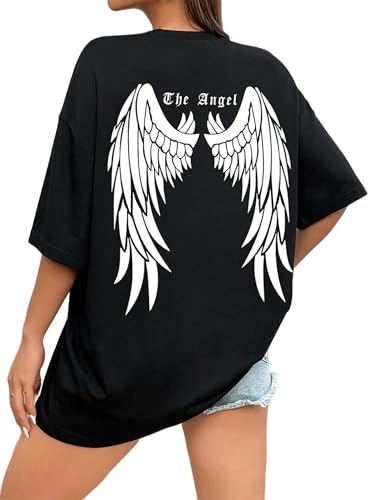 YDRABFLE Kurzarmoberteile Für Damen Dark Engel Flügel Grafische Gedruckte T-Shirts Für Frauen Lose Übergroße Kleidung T-Shirt Baumwolle-Schwarz-XXL von YDRABFLE