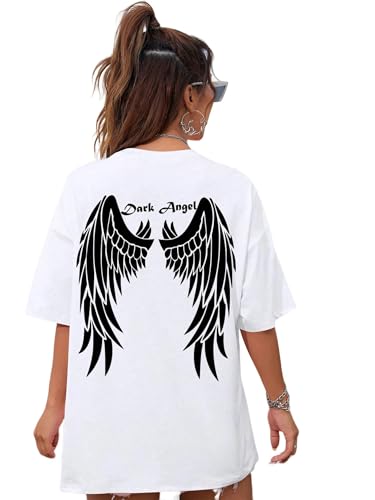 YDRABFLE Kurzarmoberteile Für Damen Dark Engel Flügel Grafische Gedruckte T-Shirts Für Frauen Lose Übergroße Kleidung T-Shirt Baumwolle-Weiß-L von YDRABFLE