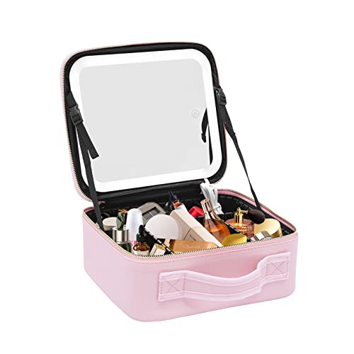 Kosmetiktasche klein, Kosmetiktasche mit Spiegel, 3 Farben LED-Leuchten, tragbare Kosmetiktasche mit verstellbaren Unterteilungen, rosa von YESTAIM