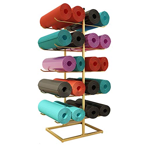 YFFDKA Gold Yogamatten-Rack mit großer Kapazität, freistehender 5-stufiger doppelseitiger Schaumstoffrollen-Ausstellungsständer, Trainingsraum/Yoga-Studio/Geschäft (Größe: 20 Matten halten) Hello von YFFDKA