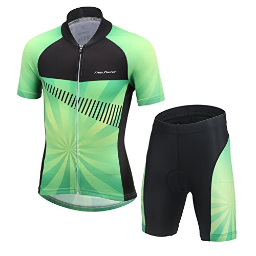 YFPICO Kinder Radtrikot Set Fahrrad Trikot Kurzarm + Radhose mit Sitzpolster Radsport-Anzüge Jungen Mädchen Fahrradbekleidung, Hellgrün, 146 von YFPICO