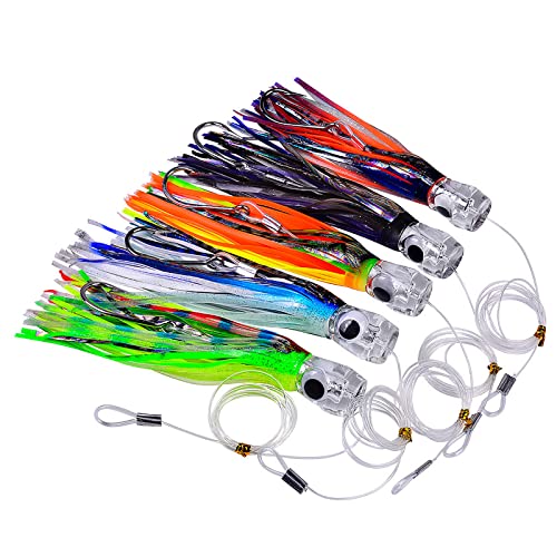 YFPICO Offshore Big Game Trolling Lures Salzwasser Schleppköder für Marlin, Thunfisch, Mahi, Delfin, Durado, Wahoo Trolling Lures mit Rigged Hooks große Spielköder(9in/23cm,Kristallkopf,5 Stück) von YFPICO