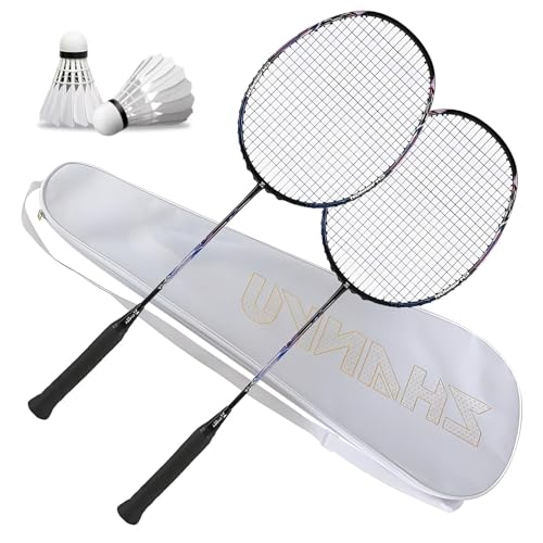 Badmintonschläger-Set, 2er-Set, Vollkarbonfaser, ultraleichter Rückprall, fortschrittlicher Einsteiger-Doppelschläger, sowohl offensiv als auch defensiv, inklusive 2 Schläger, 2 Federbälle, 1 Tasche von YFVMYBAF