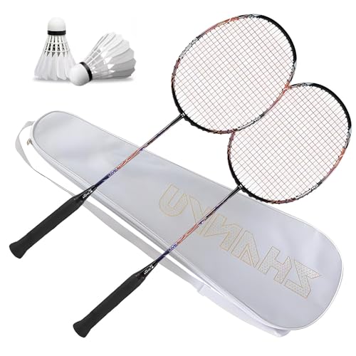 Badmintonschläger-Set, 2er-Set, Vollkarbonfaser, ultraleichter Rückprall, fortschrittlicher Einsteiger-Doppelschläger, sowohl offensiv als auch defensiv, inklusive 2 Schläger, 2 Federbälle, 1 Tasche von YFVMYBAF