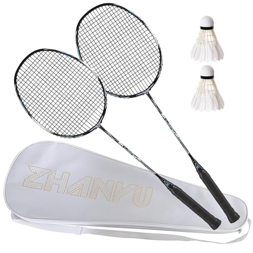 Badmintonschläger-Set, 2er-Set, mit rutschfestem G5-Griff, offensiver, sehr leichter Vollkohlefaser, wettbewerbsspezifischer Doppelschläger, inklusive 2 Federbällen und Tragetasche von YFVMYBAF