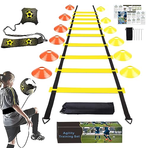 YGORTECH Fussball trainingszubehör, Koordinationsleiter 6m, 12 Hütchen und Fußball Kick Trainer, fußball trainingsset fussball geschenke jungen und Erwachsener von YGORTECH