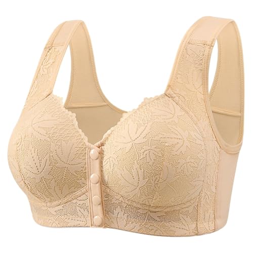 BH für ältere Damen, bequemer, atmungsaktiver BH mit Frontverschluss und Knopf, atmungsaktiver BH mit Frontverschluss für Senioren, BH für Damen aus solider Spitze, bügelloser Push-up-BH (Skin,38) von YGSIKY