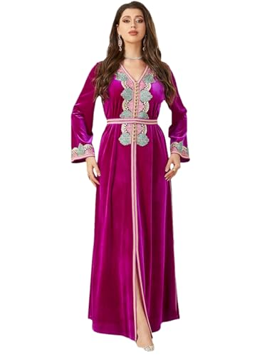YIHANSS Abayas für Damen, Dubai, V-Ausschnitt, langärmelig, Fleece, Bestickt, Schlitz, Maxirock, Abaya, Dubai, islamisch von YIHANSS