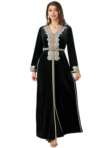 YIHANSS Abayas für Damen, Dubai, V-Ausschnitt, langärmelig, Fleece, Bestickt, Schlitz, Maxirock, Abaya, Dubai, islamisch von YIHANSS