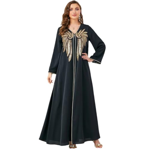 YIHANSS Abayas für Damen, zweiteiliges, Schlichtes Abaya-Muslimkleid im Dubai-Arabien-Stil, Gold-Pailletten-Perlen-Applikation von YIHANSS