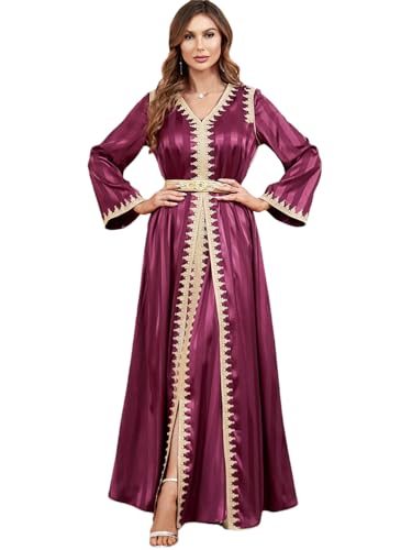 YIHANSS Frauen V-Ausschnitt Langarm einfarbig Spitze Dekorationen Satin Kleid Dubai muslimische Gebet Abaya 2 Stück von YIHANSS
