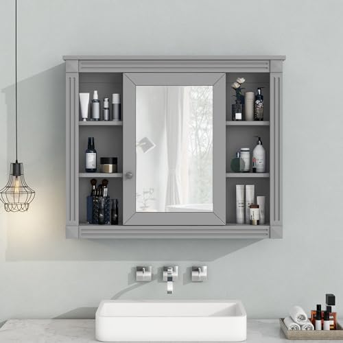 YIHANSS VejiA 35'' x 28'' wandmontierter Badezimmer-Aufbewahrungsschrank, moderner Badezimmer-Wandschrank mit Spiegel, Spiegelschrank mit 6 offenen Regalen von YIHANSS