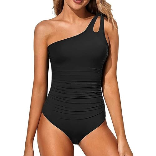 YIMAILD Badeanzug EIN-Schulter Einteiliger Badeanzug Für Frauen Mit Fester Farbe Und Rückenfreiheit-schwarz-2xl von YIMAILD