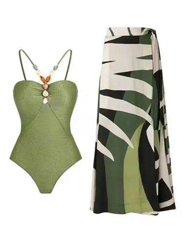 YIMAILD Badeanzug Einköpfiger Bikini-Bikini-Set Konservativer Bauchbedeckungskleid Chiffon Wrap Rock-044 Green Set-m von YIMAILD