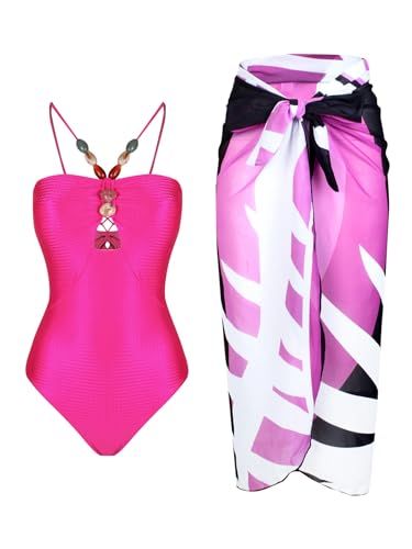 YIMAILD Badeanzug Einköpfiger Bikini-Bikini-Set Konservativer Bauchbedeckungskleid Chiffon Wrap Rock-044 Rose Red Anzug-m von YIMAILD
