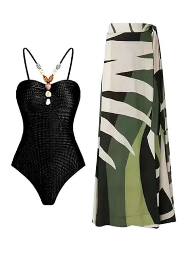 YIMAILD Badeanzug Einköpfiger Bikini-Bikini-Set Konservativer Bauchbedeckungskleid Chiffon Wrap Rock-044 Schwarzer Set-m von YIMAILD