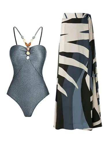 YIMAILD Badeanzug Einköpfiger Bikini-Bikini-Set Konservativer Bauchbedeckungskleid Chiffon Wrap Rock-044 Sea Blue Set-l von YIMAILD