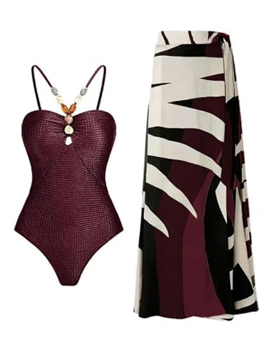 YIMAILD Badeanzug Einköpfiger Bikini-Bikini-Set Konservativer Bauchbedeckungskleid Chiffon Wrap Rock-044 Weinrotanzug-m von YIMAILD
