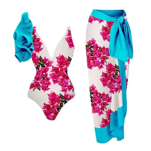 YIMAILD Badeanzug Einköpfiger Bikini-Bikini-Set Konservativer Bauchbedeckungskleid Chiffon Wrap Rock-046 Blue Set-m von YIMAILD