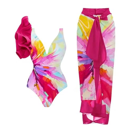 YIMAILD Badeanzug Einköpfiger Bikini-Bikini-Set Konservativer Bauchbedeckungskleid Chiffon Wrap Rock-046 Tie -Farbstoff -Set-m von YIMAILD