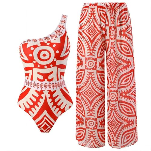 YIMAILD Badeanzug Einköpfiger Bikini-Bikini-Set Konservativer Bauchbedeckungskleid Chiffon Wrap Rock-050 Red Set-m von YIMAILD