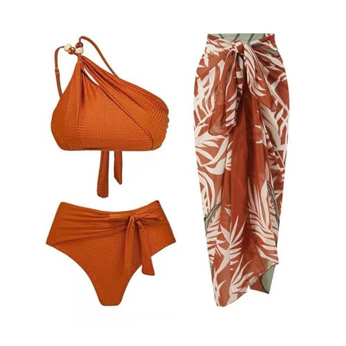 YIMAILD Badeanzug Einköpfiger Bikini-Bikini-Set Konservativer Bauchbedeckungskleid Chiffon Wrap Rock-052 Karamell -Set-m von YIMAILD