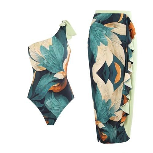 YIMAILD Badeanzug Einköpfiger Bikini-Bikini-Set Konservativer Bauchbedeckungskleid Chiffon Wrap Rock-053 Blumensatz-m von YIMAILD