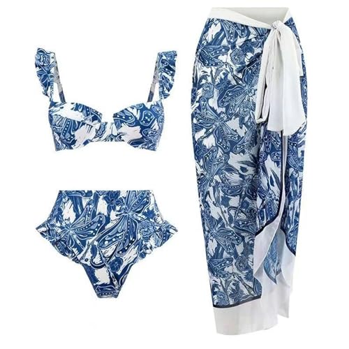 YIMAILD Badeanzug Einköpfiger Bikini-Bikini-Set Konservativer Bauchbedeckungskleid Chiffon Wrap Rock-Stahl Zu Blaues Set-m von YIMAILD