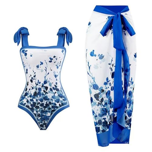 YIMAILD Badeanzug Einköpfiger Bikini-Bikini-Set Konservativer Bauchbedeckungskleid Chiffon Wrap Rock-blaublatt -Set-m von YIMAILD
