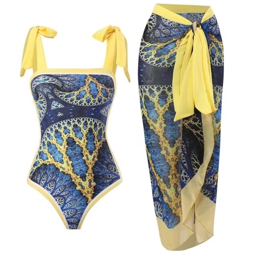 YIMAILD Badeanzug Einköpfiger Bikini-Bikini-Set Konservativer Bauchbedeckungskleid Chiffon Wrap Rock-gelber Anzug-m von YIMAILD