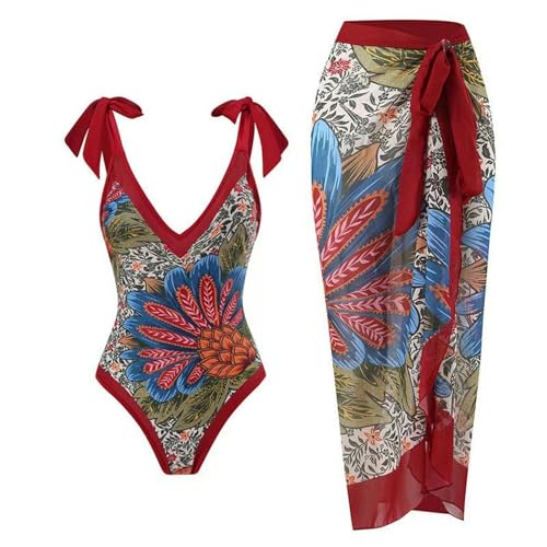 YIMAILD Badeanzug Einköpfiger Bikini-Bikini-Set Konservativer Bauchbedeckungskleid Chiffon Wrap Rock-v -Neck Wein Red Ananas Set-m von YIMAILD