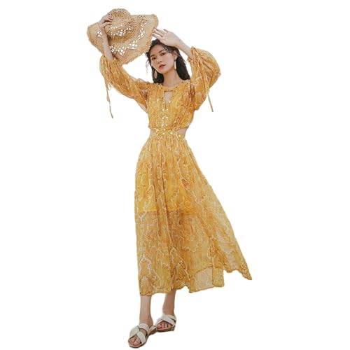YIMAISZQ Bohemian Kleid Bosomiya Langer Rockkleid Weiblich-gelb-s von YIMAISZQ